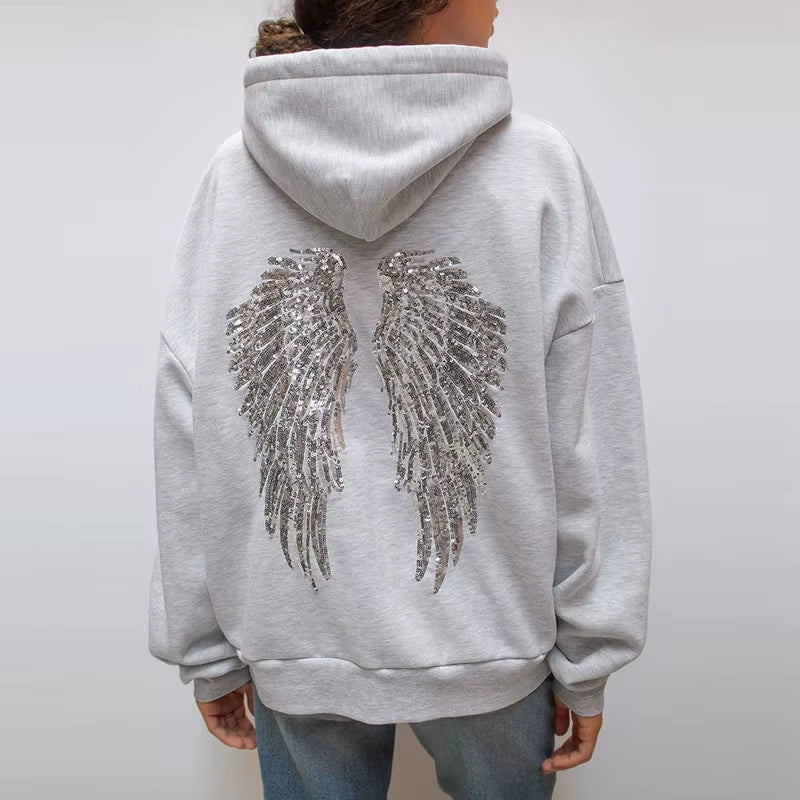Casual Sequined Angel Wings Oversized Hoodie Women Loose Grey Long Sleeve Street Warm Pullover 2025 Winter Lady Daily Wear New