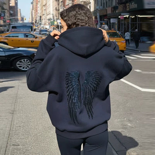 Casual Sequined Angel Wings Oversized Hoodie Women Loose Grey Long Sleeve Street Warm Pullover 2025 Winter Lady Daily Wear New