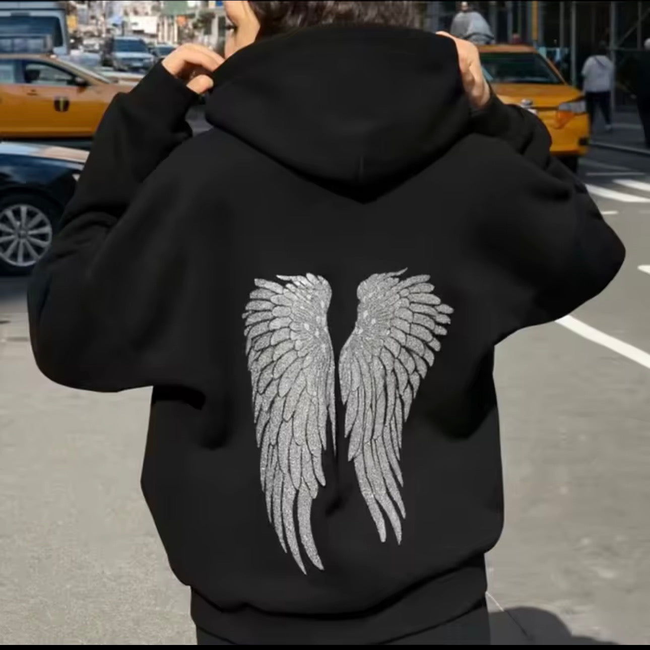 Chin.Sweety Casual Sequined Angel Wings Oversized Hoodie Women Loose Grey Long Sleeve Street Warm Pullover 2025 Winter Lady Daily Wear New